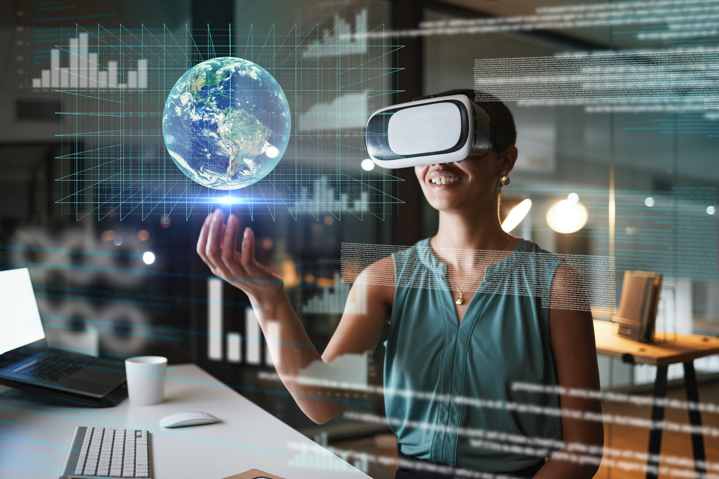 Vr, Metaverse and Business Woman with Earth in Office at Night Exploring a Cyber World. Future, Virtual Reality and Female Employee with Digital Globe with Ai Software for 3D, Data and Trading Graphs